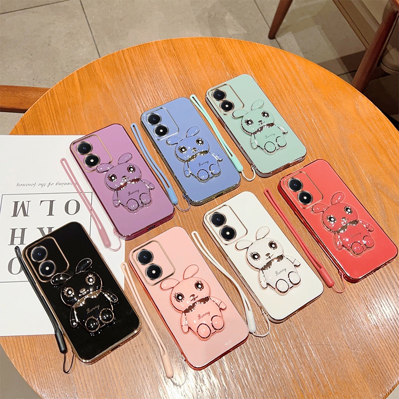 Andyh Case Ponsel Untuk Vivo Y02S Lucu Kartun Kelinci Kecil Tepi Lurus Shell Lembut Mengirim lanyard Silikon