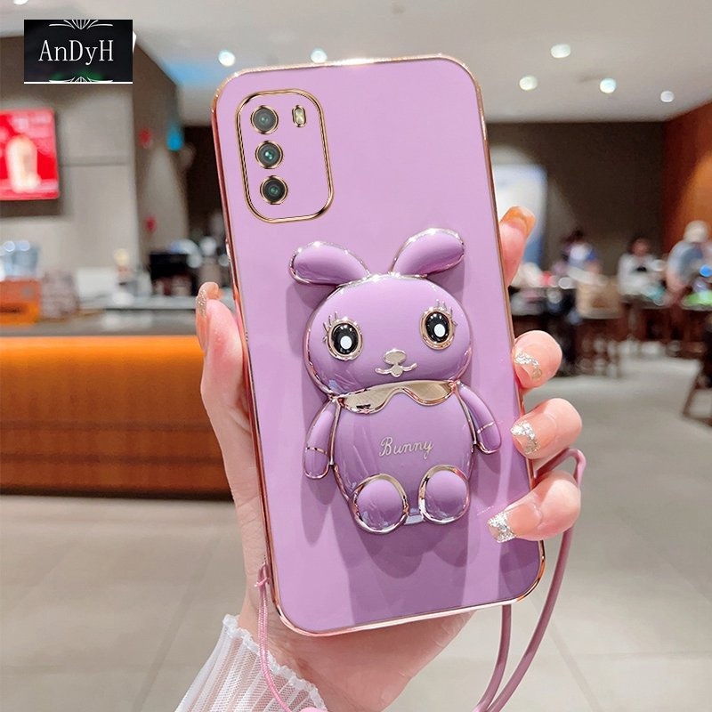 Andyh Case Handphone Untuk Xiaomi POCO M3 Redmi 9T Lucu Kartun Kelinci Kecil Tepi Lurus Shell Lembut Mengirim lanyard Silikon