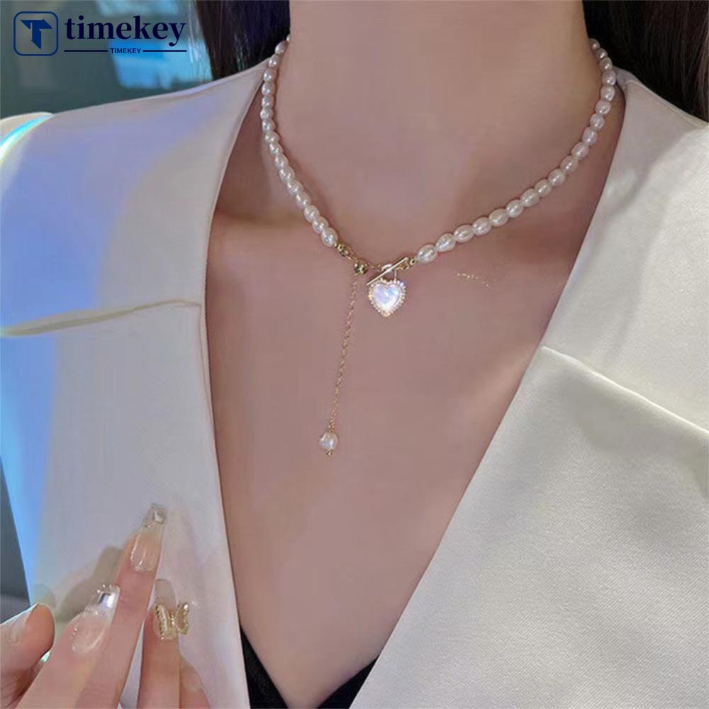 Timekey Temperamen Cinta Liontin Mutiara Kalung Niche Vintage Alloy Pearl Necklace Rantai Klavikula Perhiasan Aksesori R6T3