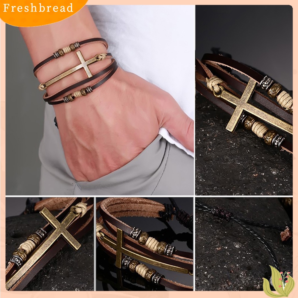 &lt; Freshbread &gt; Retro Faux Kulit Gelang Salib Bangle Wanita Pria Perhiasan Tali Adjustable Rantai