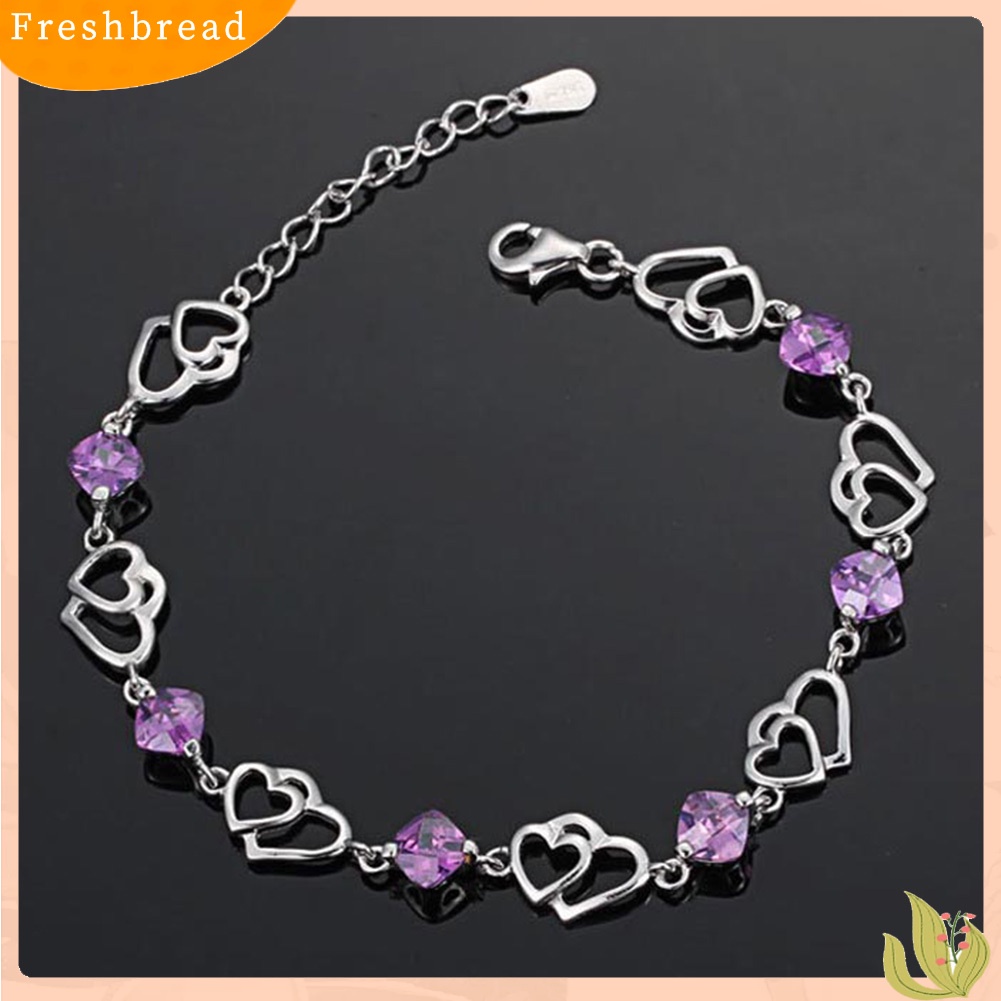 &lt; Freshbread &gt; Fashion Wanita Berongga Hati Faux Amethyst Rantai Gelang Bangle Pesona Perhiasan