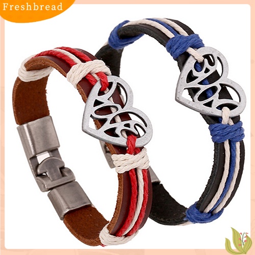 &lt; Freshbread &gt; Pasangan Kekasih Berongga Cinta Hati Rajutan Kulit Bangle Alloy Cuff Buckle Bracelet