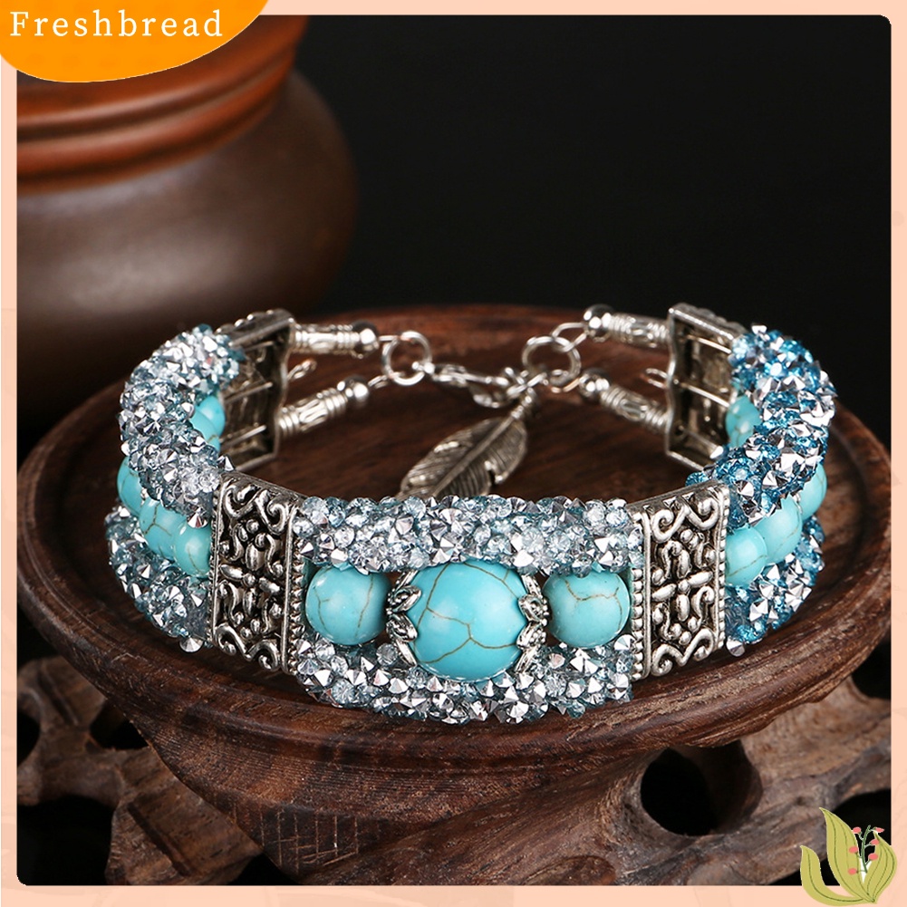 &lt; Freshbread &gt; Vintage Wanita Faux Turquoise Beads Berlian Imitasi Diukir Gelang Bangle Perhiasan