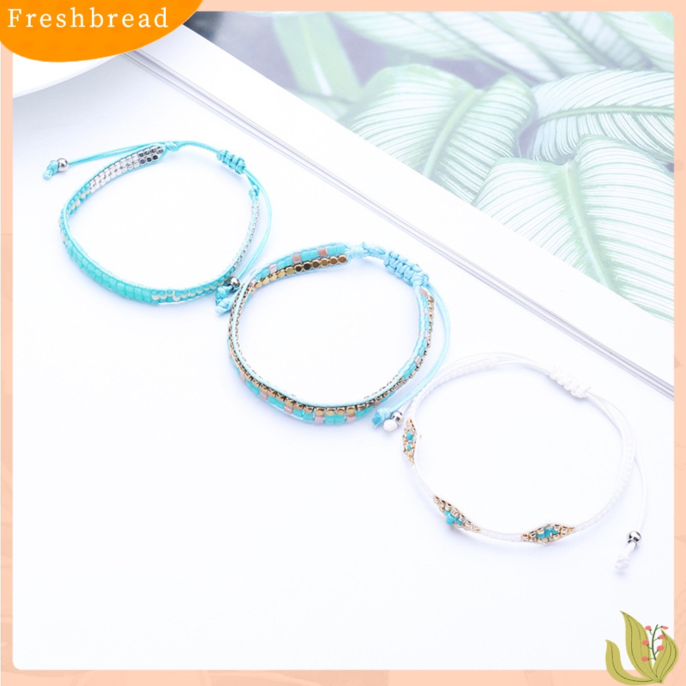 &lt; Freshbread &gt; 3Pcs/Set Boho Wanita Kubus Manik-Manik Tali Lilin Anyaman Gelang Pantai Perhiasan Hadiah