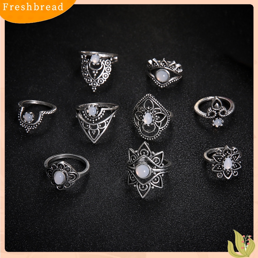 &lt; Freshbread &gt; 9Pcs/Set Retro Wanita Berongga Bunga Faux Gemstone Knuckle Midi Susun Rings Set