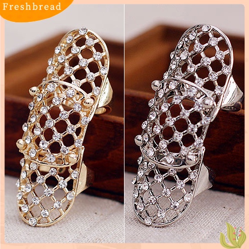 &lt; Freshbread &gt; Wanita Punk Berlian Imitasi Berongga Panjang Mesh Terbuka Knuckle Setengah Jari Perisai Cincin