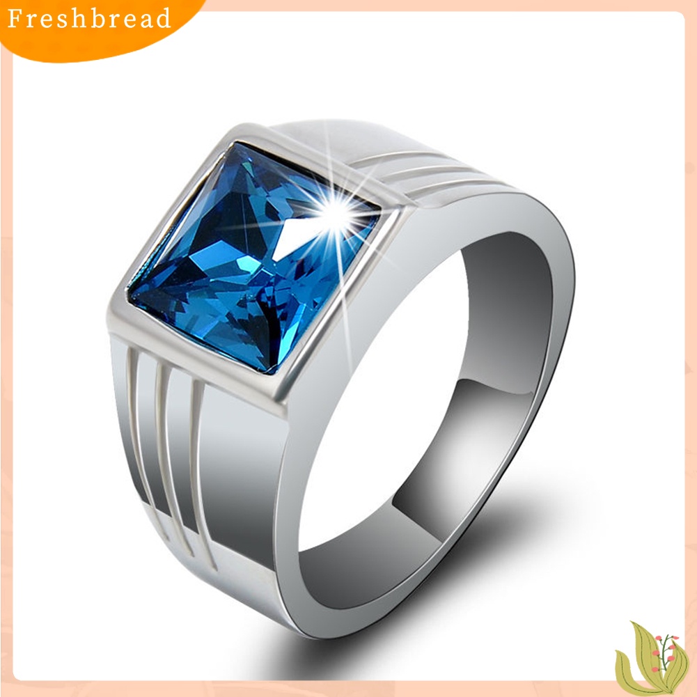 &lt; Freshbread &gt; Pria Cantik Biru Persegi Berlian Imitasi Lebar Pernikahan Band Jari Cincin Ukuran 7-11