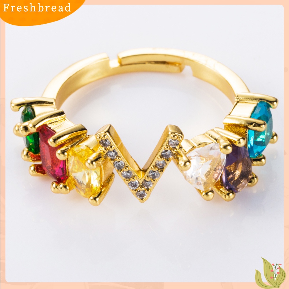 &lt; Freshbread &gt; Unisex Rainbow Cubic Zirconia Bertatahkan Surat Terbuka Cincin Adjustable Perhiasan Hadiah