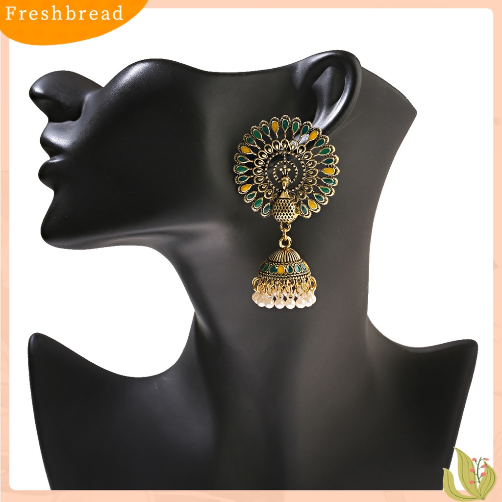 &lt; Freshbread &gt; 2Pcs Anting Menjuntai Gaya India Bell Rumbai Mutiara Imitasi Warna-Warni Geometris Hias Hadiah Wanita Merak Liontin Anting Perhiasan Fashion Untuk Pakaian Sehari-Hari