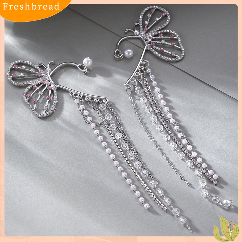 &lt; Freshbread &gt; 1Pc Mutiara Imitasi Dekorasi Tanpa Tindik Panjang Telinga Manset Wanita Elegan Berlian Imitasi Bentuk Kupu-Kupu Rumbai Anting Perhiasan Aksesoris