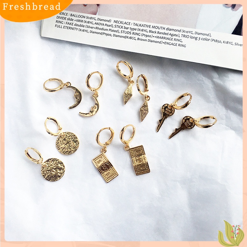 &lt; Freshbread &gt; Vintage Wanita Bulan Sabit Kunci Bulat Menjuntai Drop Huggie Earrings Perhiasan Hadiah