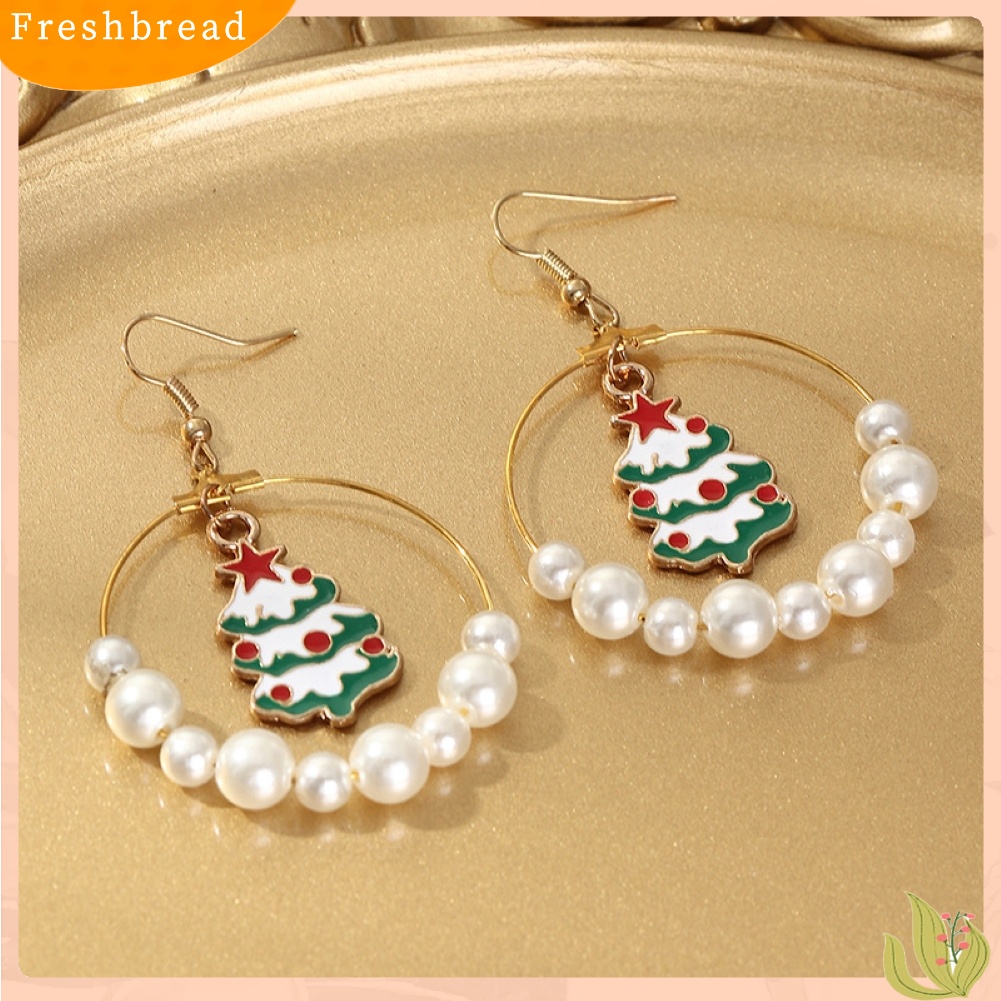 &lt; Freshbread &gt; Wanita Pohon Natal Elk Eardrop Mutiara Imitasi Geometris Hoop Earrings Hadiah Xmas