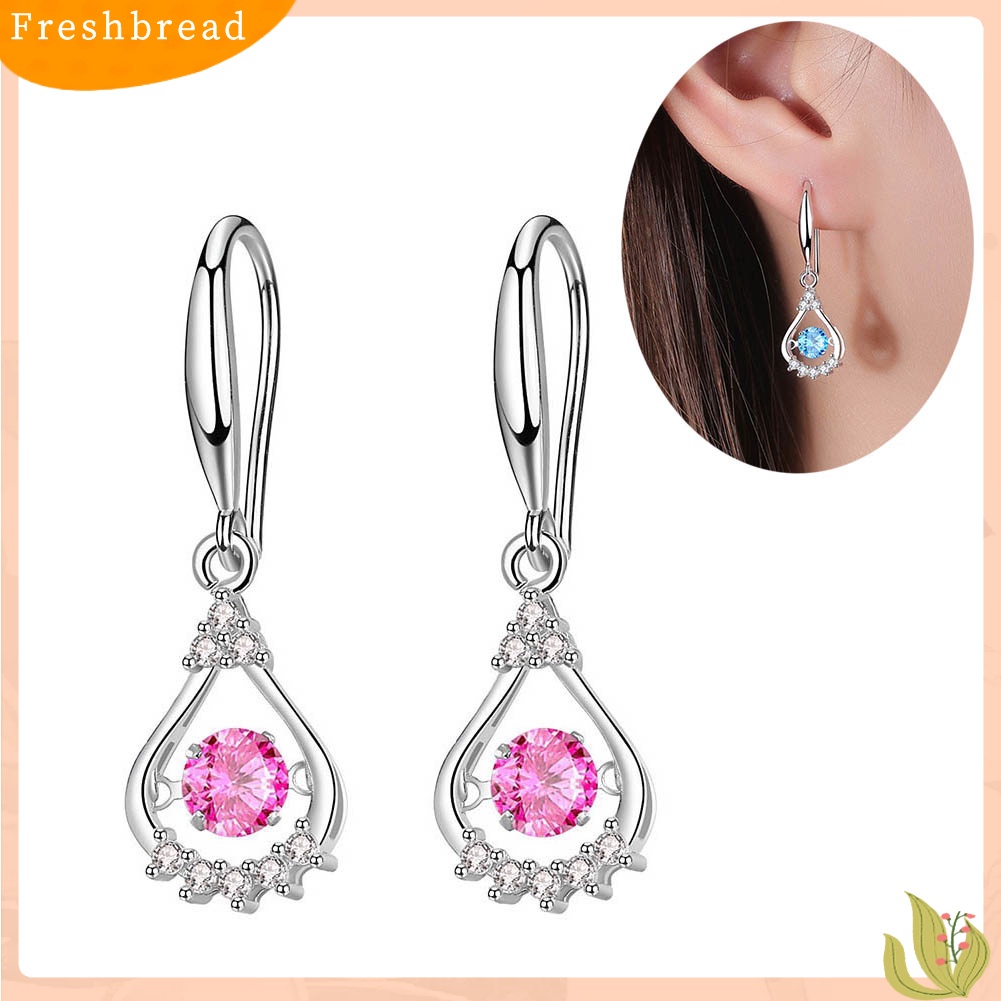 &lt; Freshbread &gt; Wanita Bulat Cubic Zirconia Hias Tetesan Air Menjuntai Kait Anting Perhiasan Hadiah