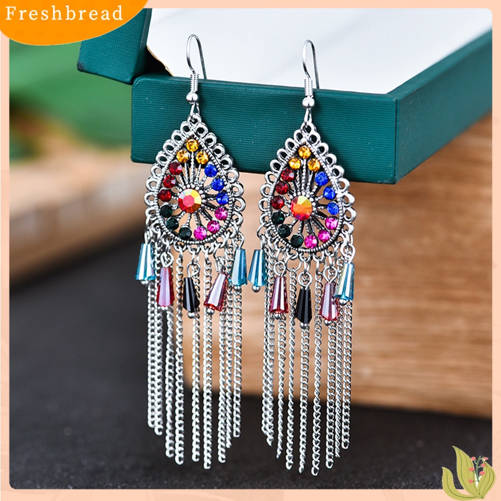 &lt; Freshbread &gt; 1pasang Anting Wanita Bentuk Tetesan Air Rumbai Berlian Imitasi Vintage Drop Earrings Untuk Pakaian Sehari-Hari