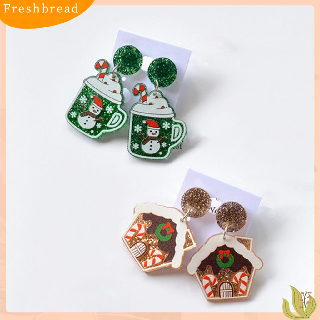 &lt; Freshbread &gt; 1pasang Anting Natal Motif Rumah Glitter Wanita Semua Pertandingan Cangkir Snowman Stud Earrings Untuk Pesta