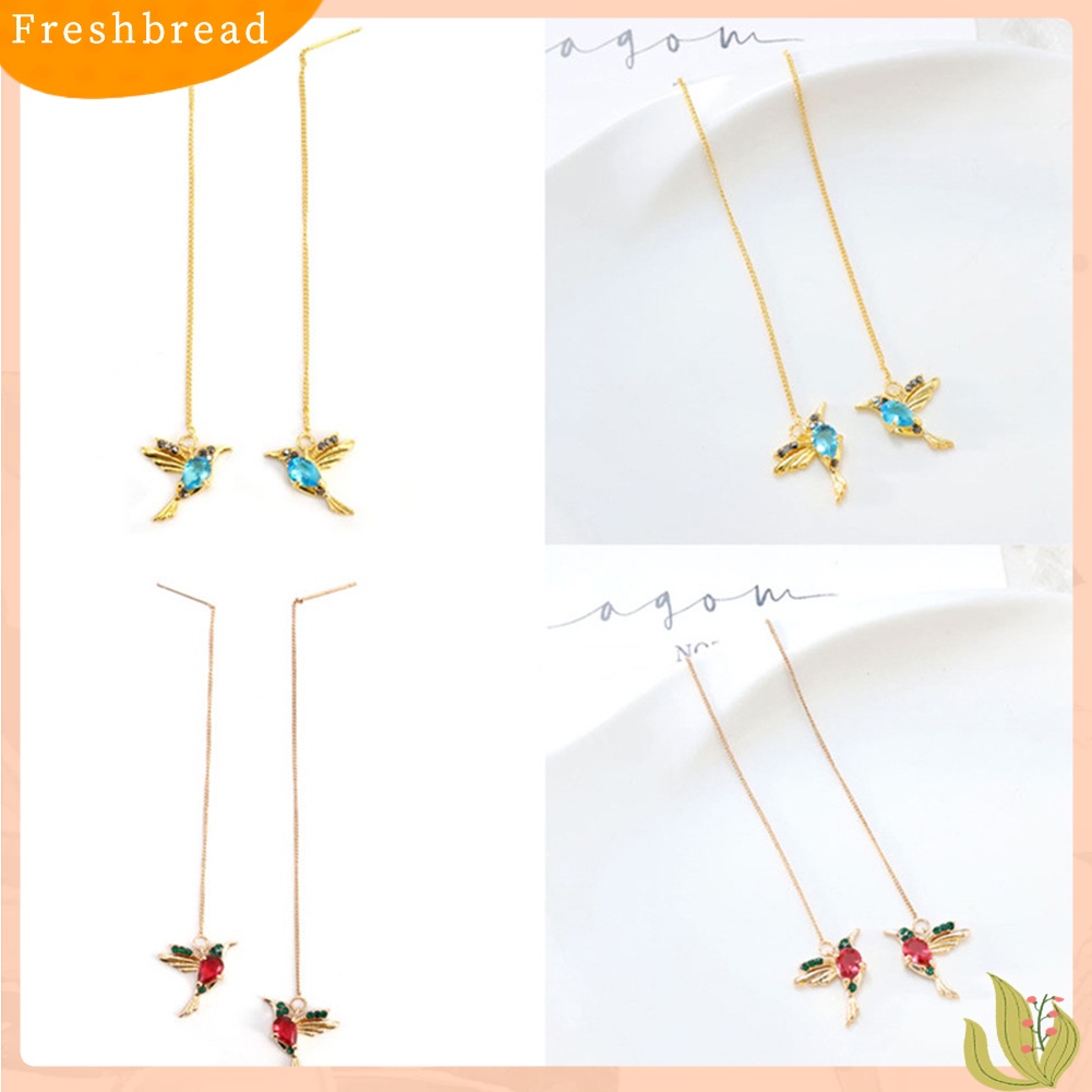 &lt; Freshbread &gt; Wanita Desain Hummingbird Berlian Imitasi Dekorasi Ear Stud Panjang Rumbai Menjuntai Anting