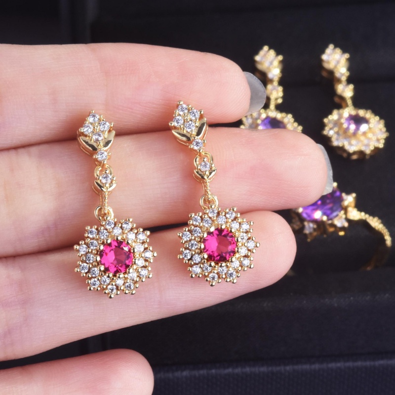 Goldkingdom Fashion Perhiasan Aksesoris Ready Stock Delima Merah Cincin Liontin Telinga Stud Set Berlapis Emas Api Warna Meledak Berkilau Amethyst Kalung