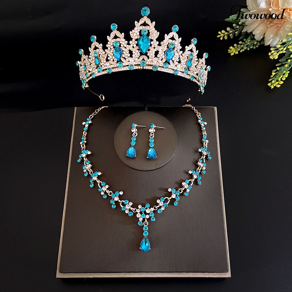 Twowood 3Pcs/Set Pernikahan Mahkota Kristal Imitasi Electroplating Berlebihan Bentuk Geometris Shiny Dress Up Alloy Wedding Dress Bride Earrings Kalung Set Perhiasan Aksesori