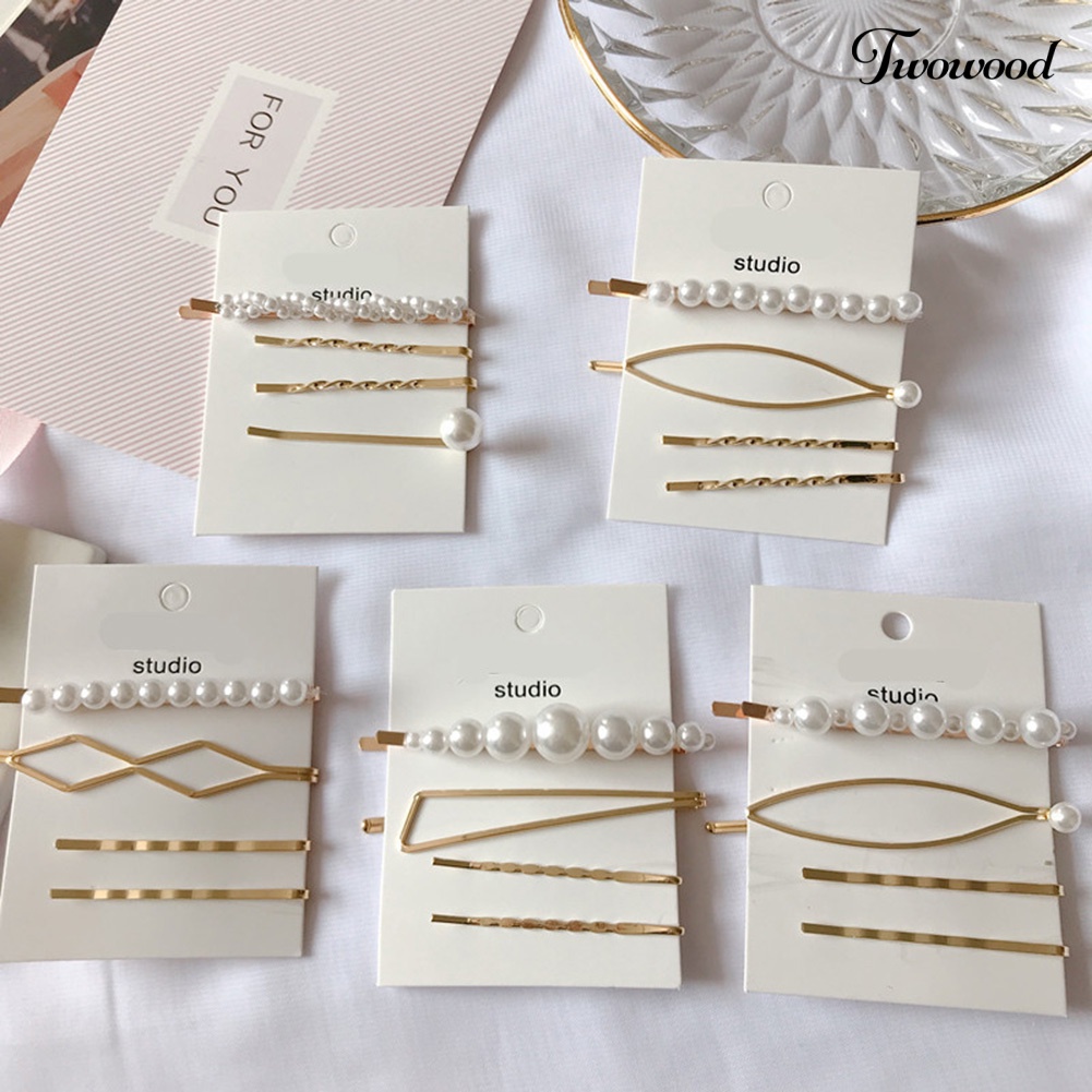 Twowood 4Pcs/Set Gadis Ikatan Simpul Hati Mutiara Imitasi Jepit Rambut Hair Clip Barrette Headwear Hadiah