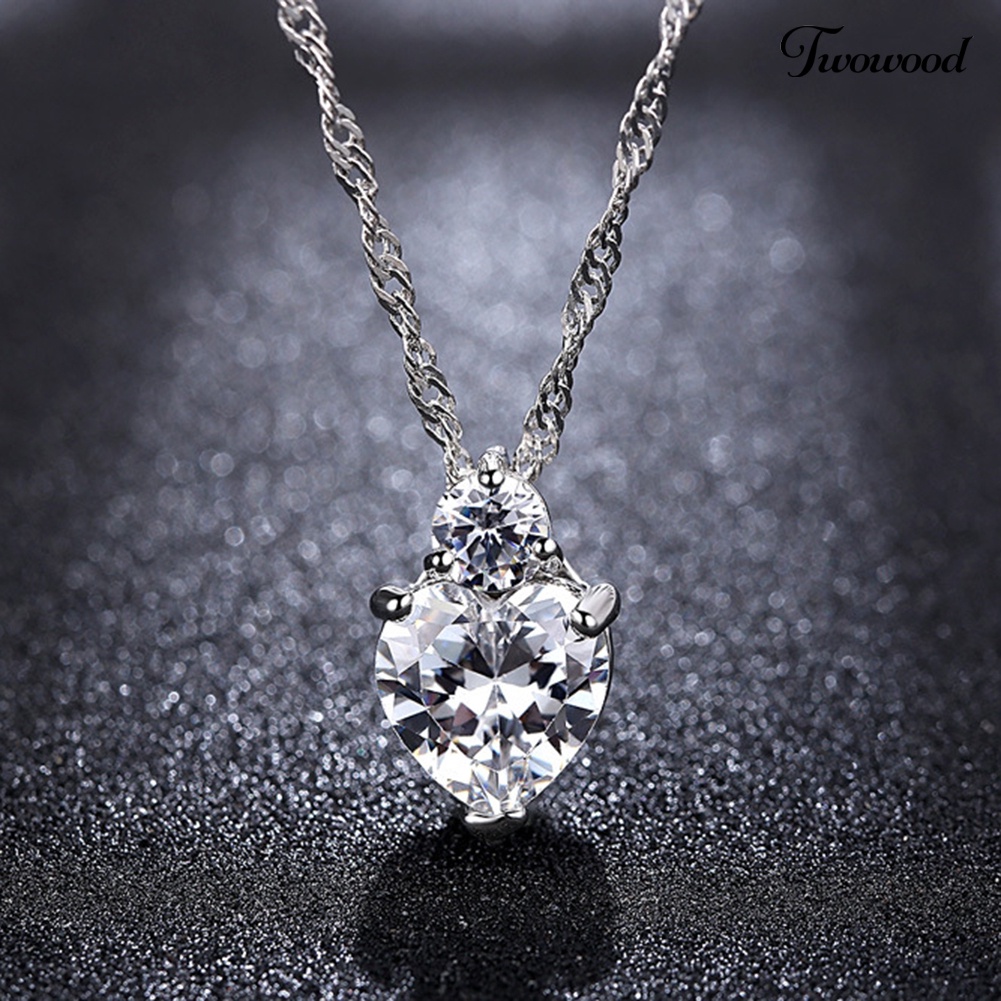 Twowood Lady Shiny Cubic Zirconia Cinta Hati Liontin Kalung Stud Earrings Set Perhiasan