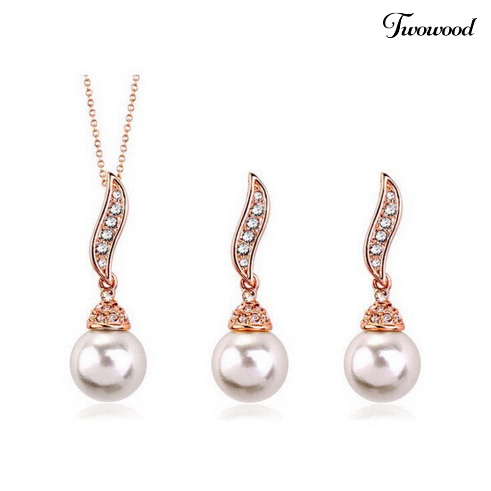 Twowood Bridal Wanita Kalung Mutiara Imitasi Berlian Imitasi Charms Pernikahan Anting Set Perhiasan