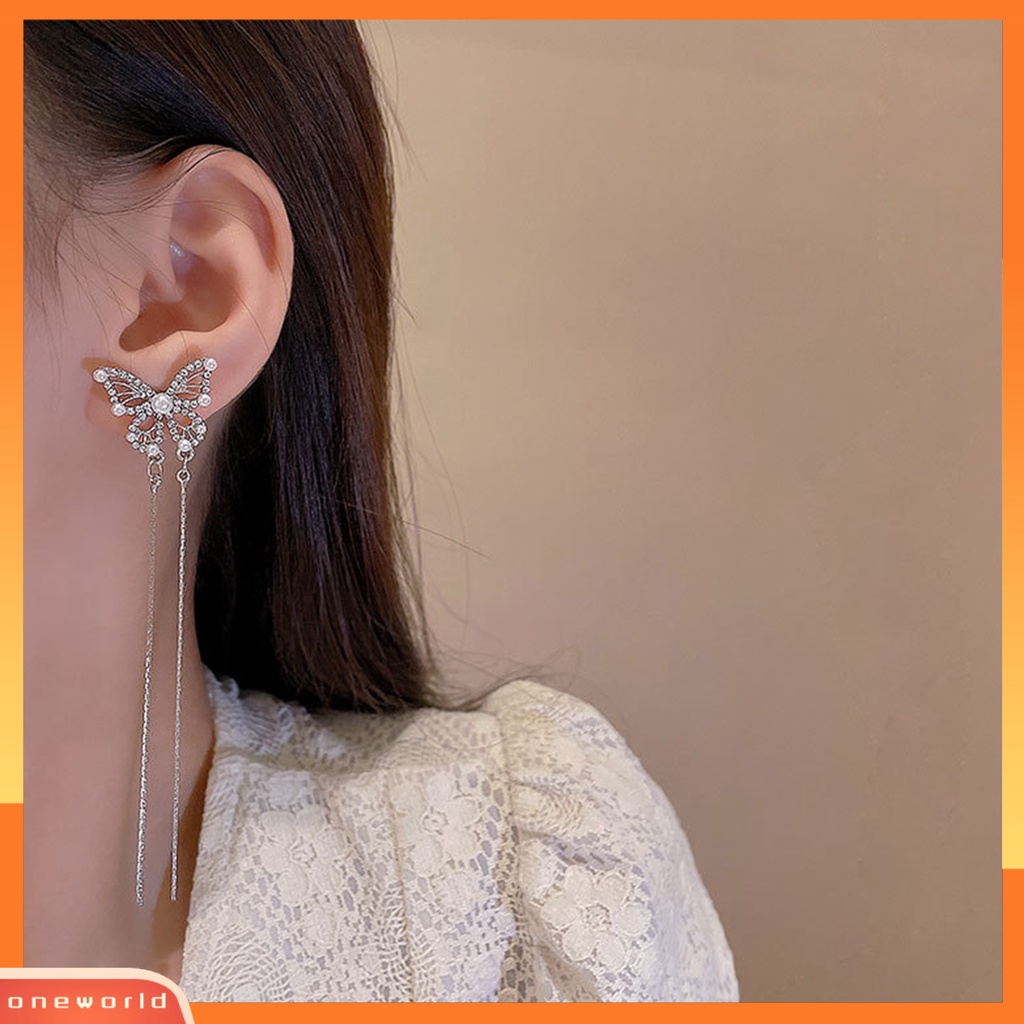 [OWR] 1pasang Drop Earrings Geometris Berlebihan Temperamen Hias Mengkilap Berdandan Elegan Klasik Berlian Imitasi Kupu-Kupu Rumbai Anting Perhiasan Fashion