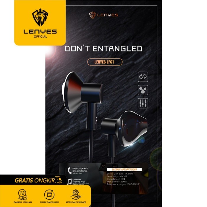 Lenyes LF61 Stereo Wired Earphones Lightning Volume Mic Original handsfree earphone ear in ear bud microphone kabel tanpa