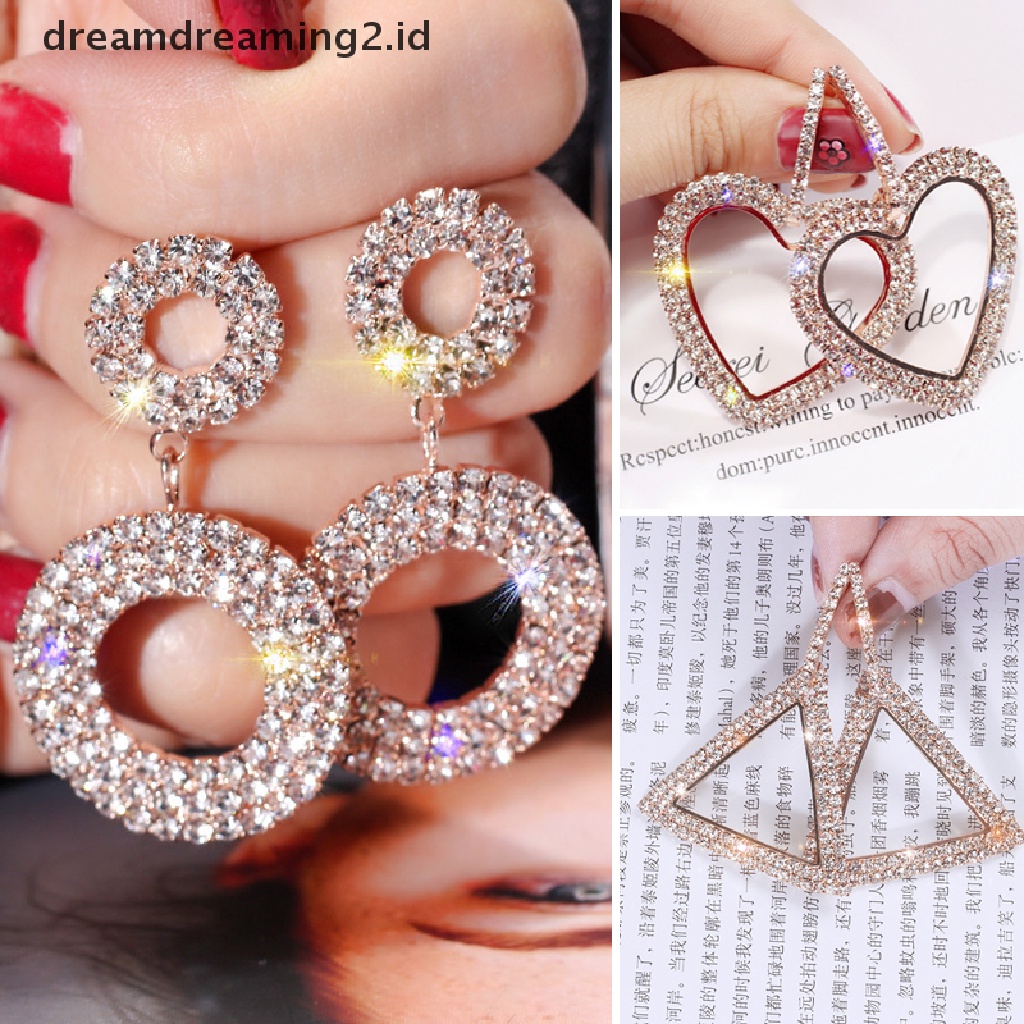 (hot) Anting Bulat Wanita Kristal Geometris Hoop Earrings Hadiah Perhiasan Pernikahan//