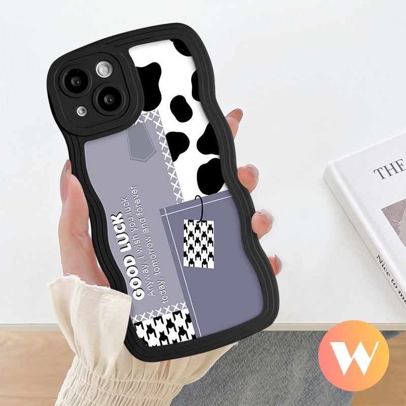 IPHONE Casing Motif Leopard Tepi Bergelombang Kompatibel Untuk Iphone7 8 6s 6 14 Plus 11 13 12 14 Pro Max 7Plus X XR XS Max SE 2020 Splicing Smlile Houndstooth Soft Tpu Back Cover