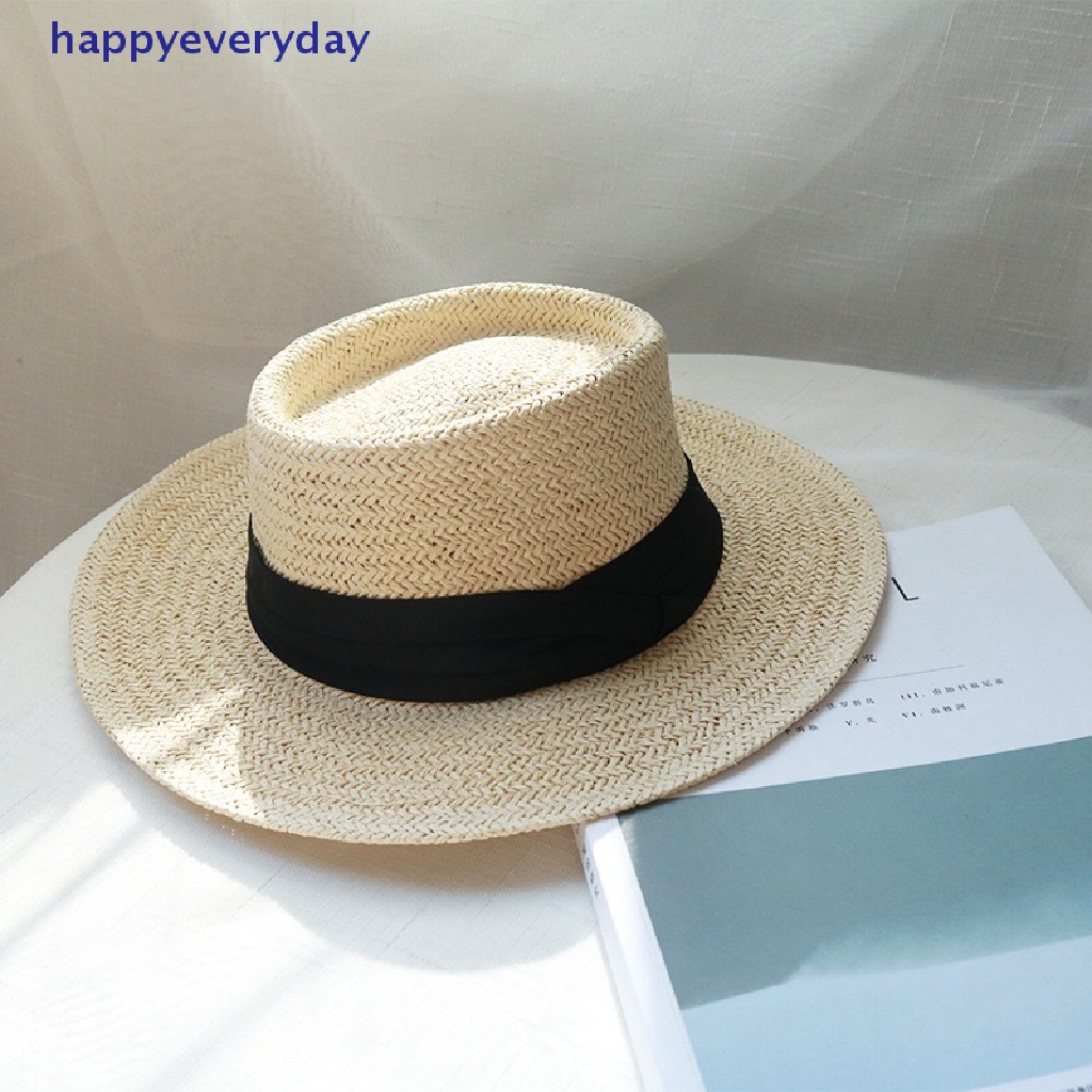 [happy] Natural Straw Hat Topi Pantai Pria Topi Cekung Datar Pelindung Visor Topi Perahu Matahari [ID]