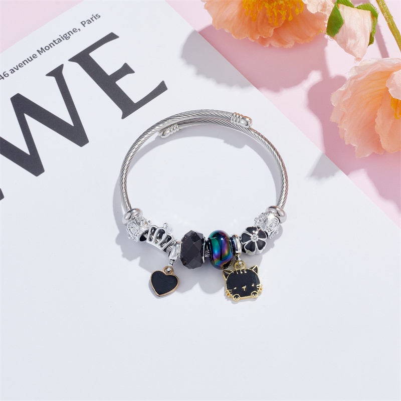 XiaoboACC Stainless Steel DIY Mewah Kartun Kucing Liontin Terbuka Dapat Disesuaikan Gelang