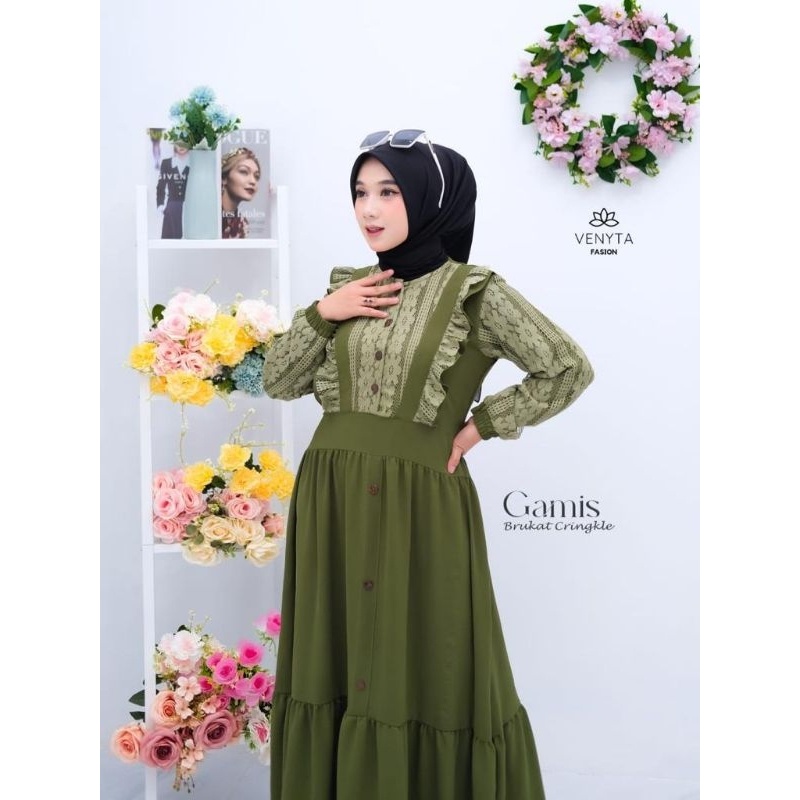 Gamis Kanaya crincle mix brokat/gamis lebaran/cod/gamis burkat remaja/gamis kondangan/gamis simpel