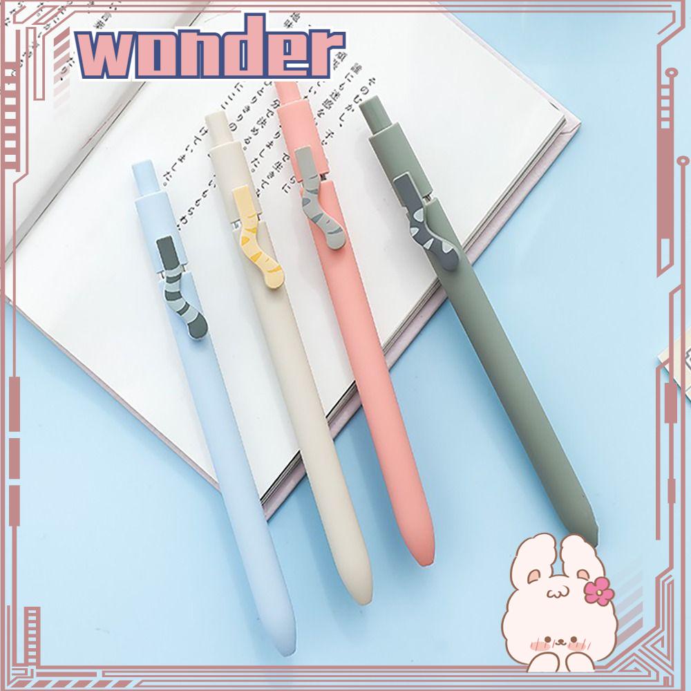 Wonder 4PCS/Set Pena Gel Perlengkapan Kantor Sekolah Kartun Dengan Klip Tinta Hitam Ekor Kucing Tekan Tipe Signature Pen