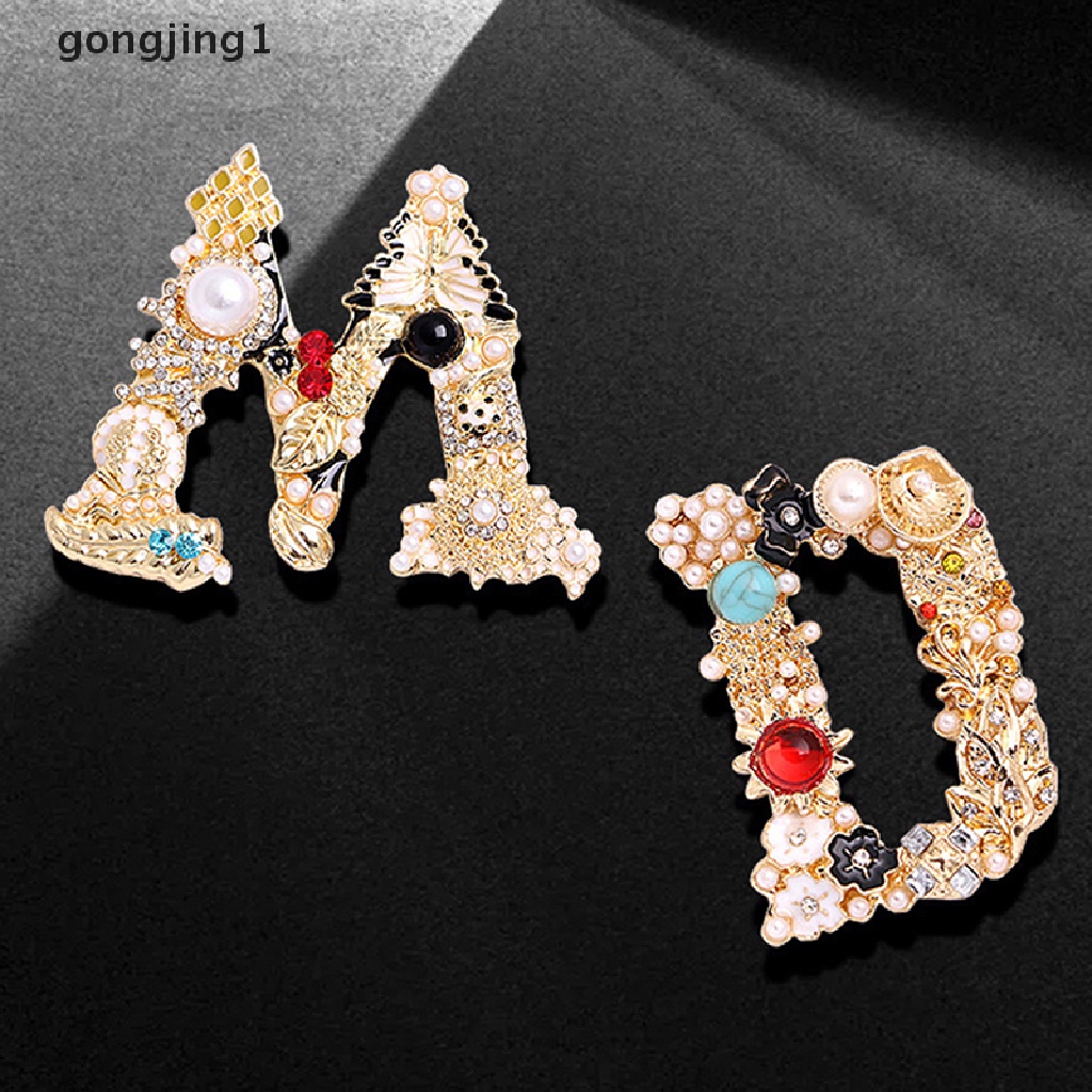 Ggg Vintage Berlian Imitasi Huruf Enamel Mutiara Imitasi Bros Wanita Baroque Alfabet Inisial Pin Fashion Perhiasan Hadiah ID