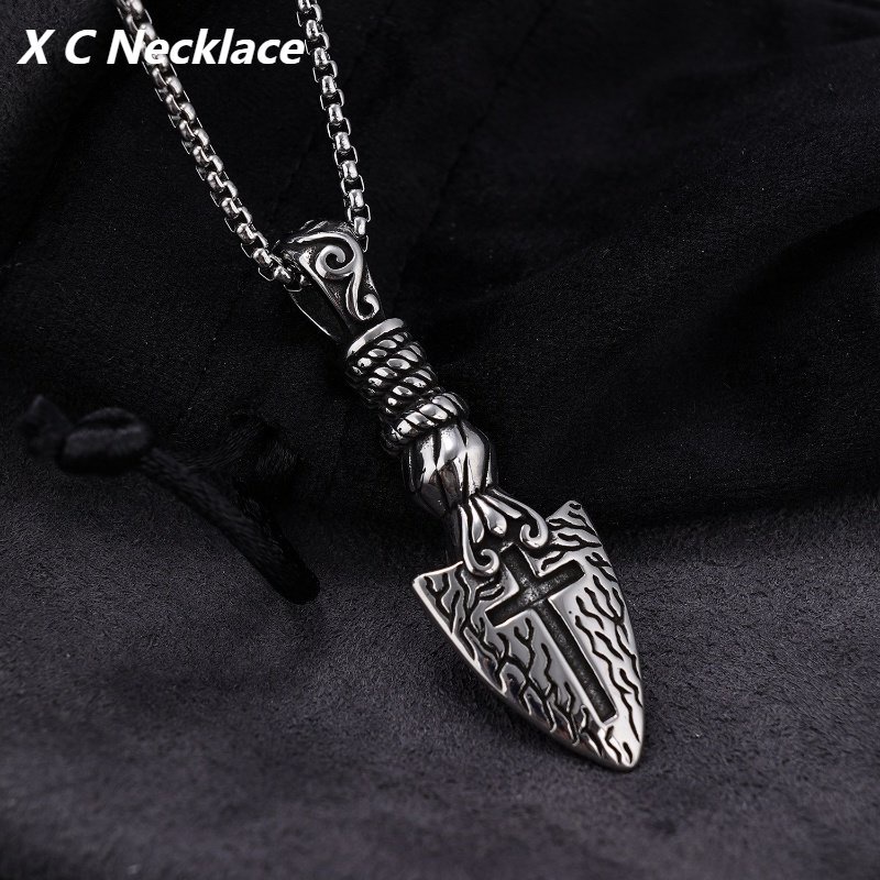 [X C Kalung] Baru Silvery Vintage Viking Salib Tombak Baja Titanium Liontin Punk Hip Hop Stainless Steel Kalung Hadiah Pesta Ulang Tahun Untuk Pria Dan Wanita