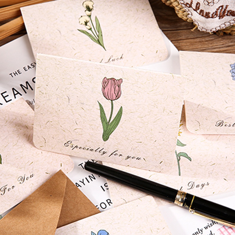 6pcs Set Kartu Ucapan Dan Amplop Vintage Foldable Tulip Series Dengan Sealing Stickers Gift Card