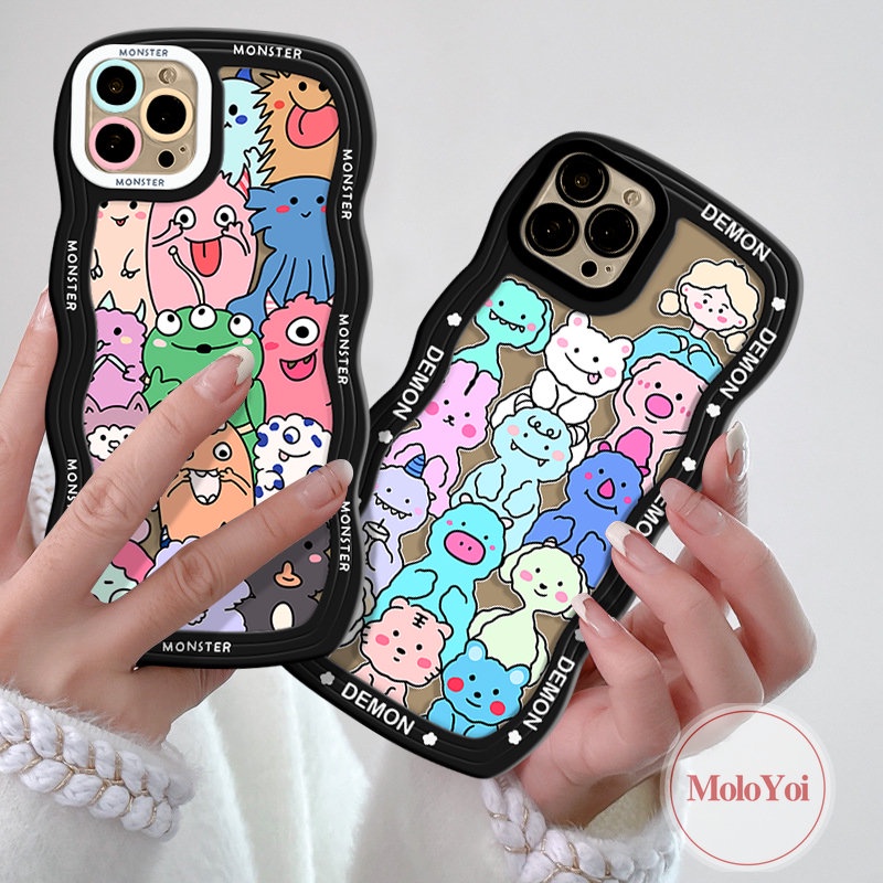 IPHONE Kartun Hewan Lucu Monster Kecil Case Kompatibel Untuk Iphone11 13 12 14 Pro Max 7Plus XR X XS Max 6s 6 7 8 Plus 14Plus SE 2020 Wavy Edge Tpu Soft Phone Cover
