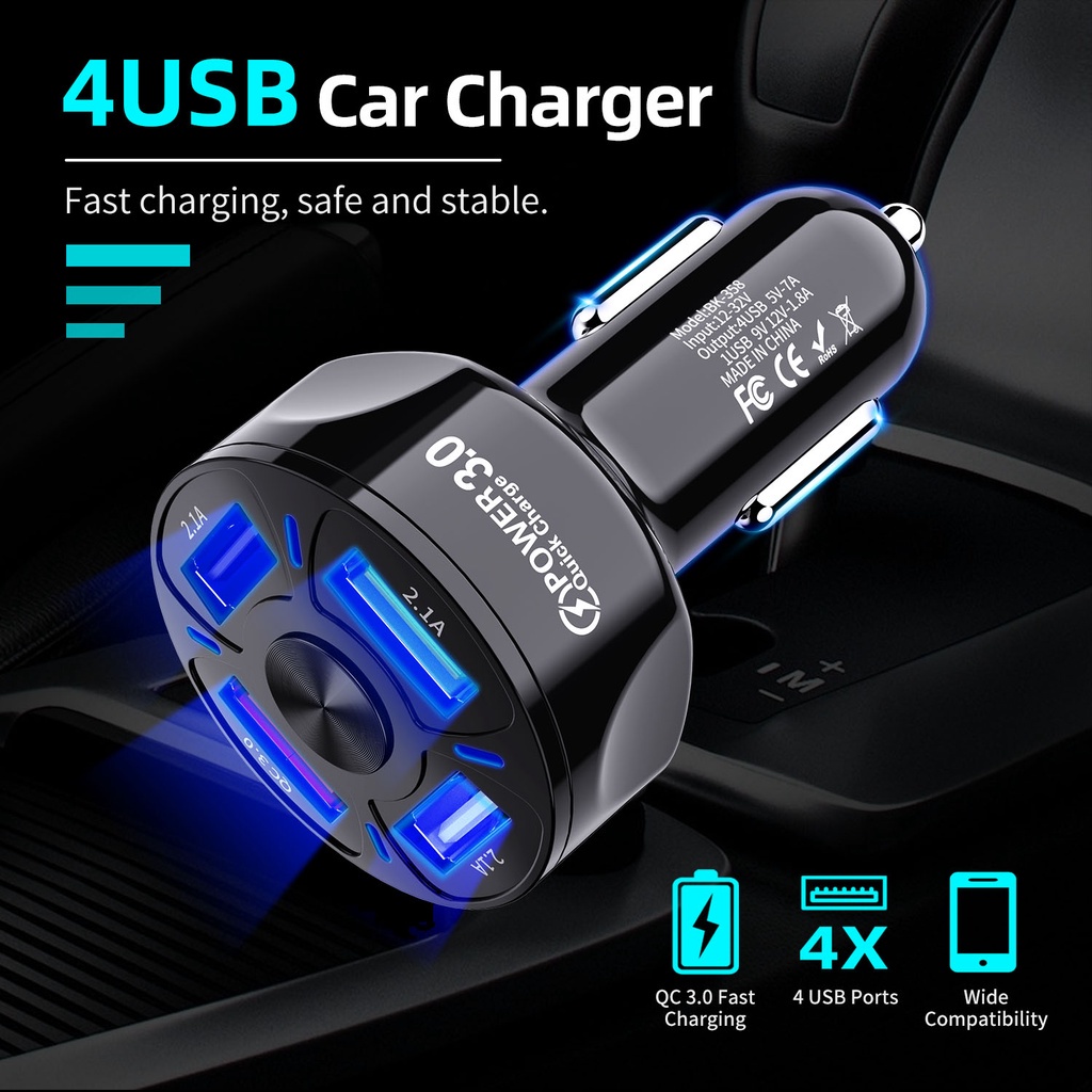 CAR CHARGER FLECO F-90 QUALCOMM 3.0 FAST CHARGING WITH 4 PORT USB BATOK SAVER MOBIL