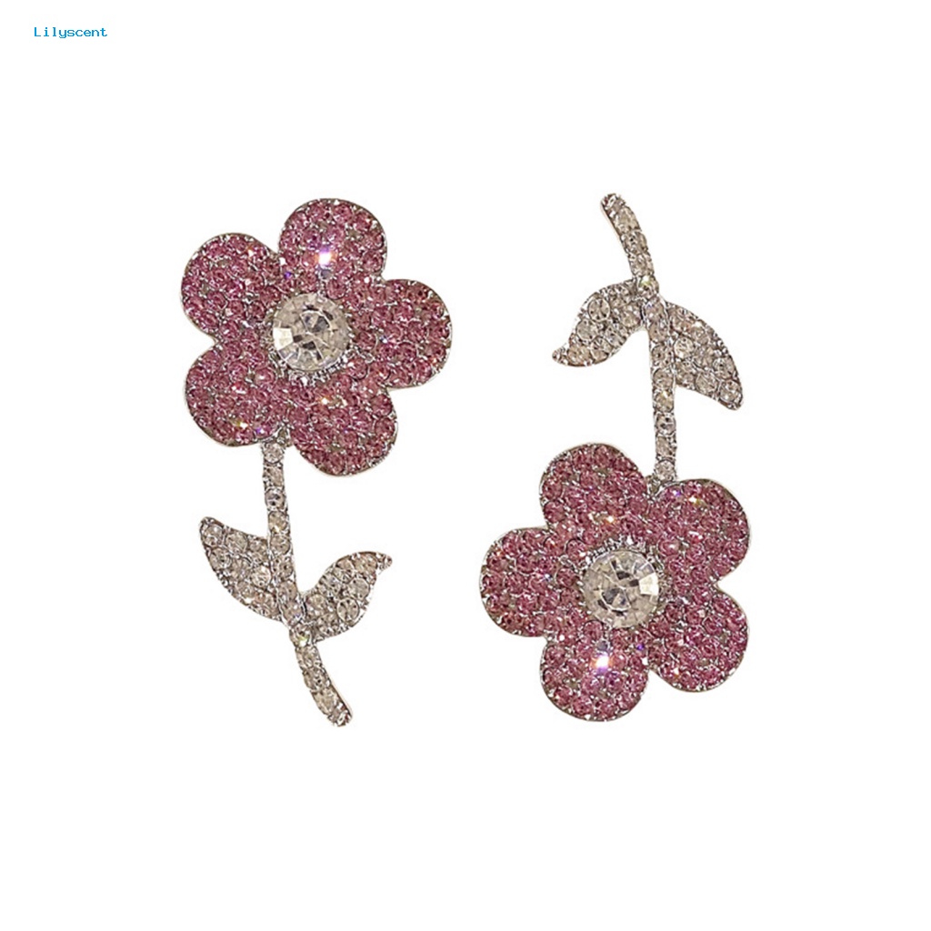 Lilyscent 1pasang Nonallergic Drop Earrings Fashion Perhiasan Bling Berlian Imitasi Bunga Pink Wanita Earrings Kepribadian