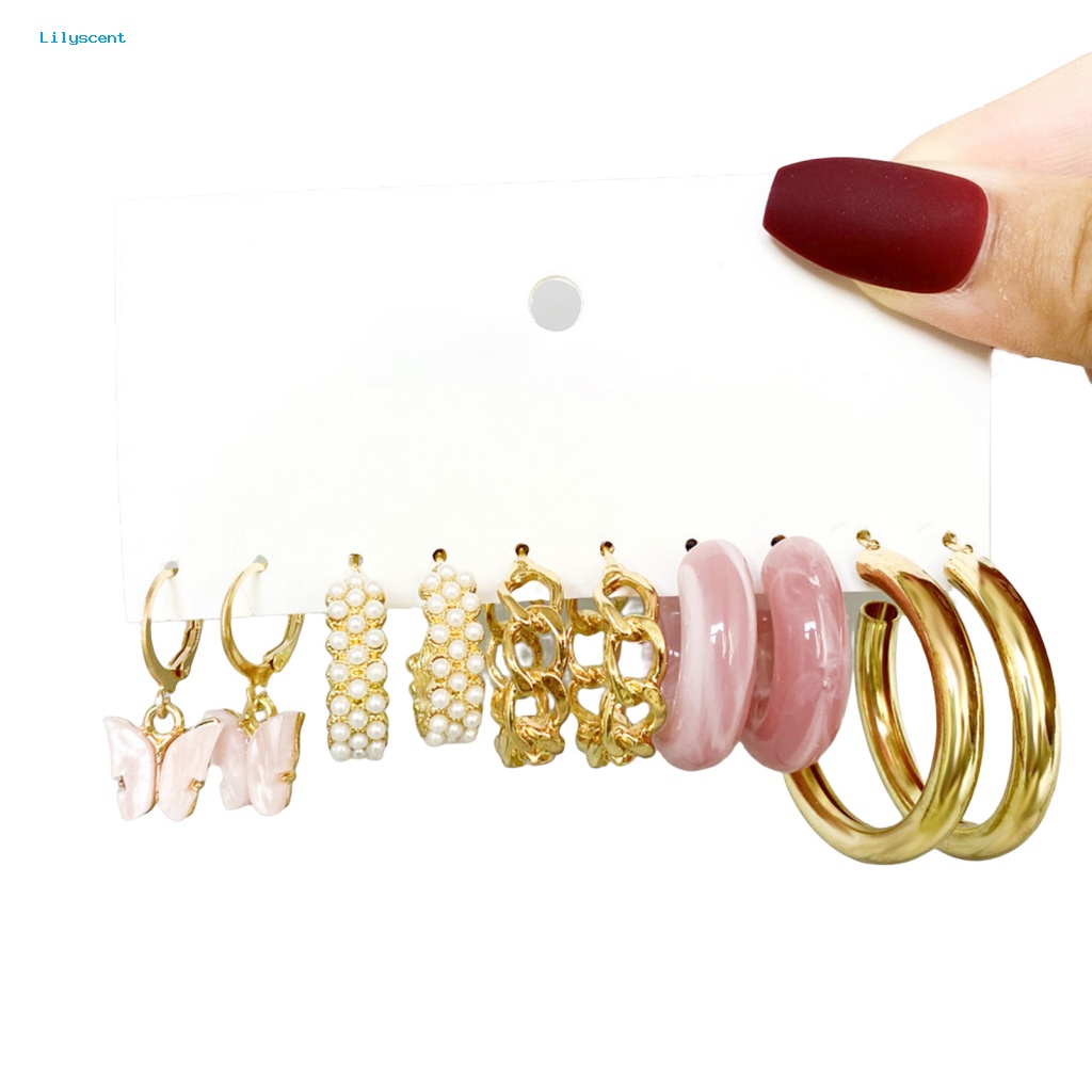 Lilyscent 5pasang Hypoallergenic Hoop Earrings Perhiasan Fashion Anting Lingkaran Kupu-Kupu Set Tahan Aus