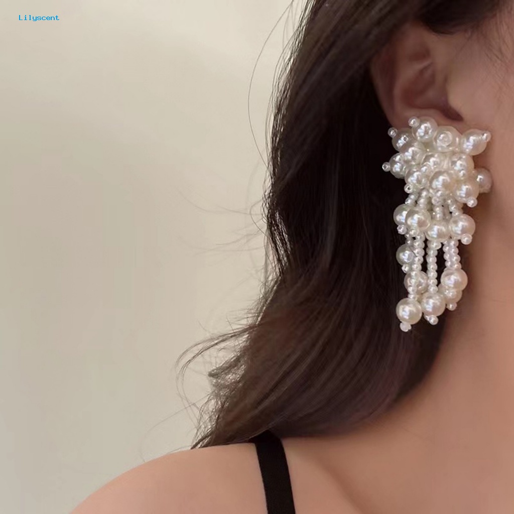 Lilyscent 1pasang Beige Drop Earrings Fashion Aksesoris Elegan Mutiara Imitasi Rumbai Stud Earrings Kepribadian