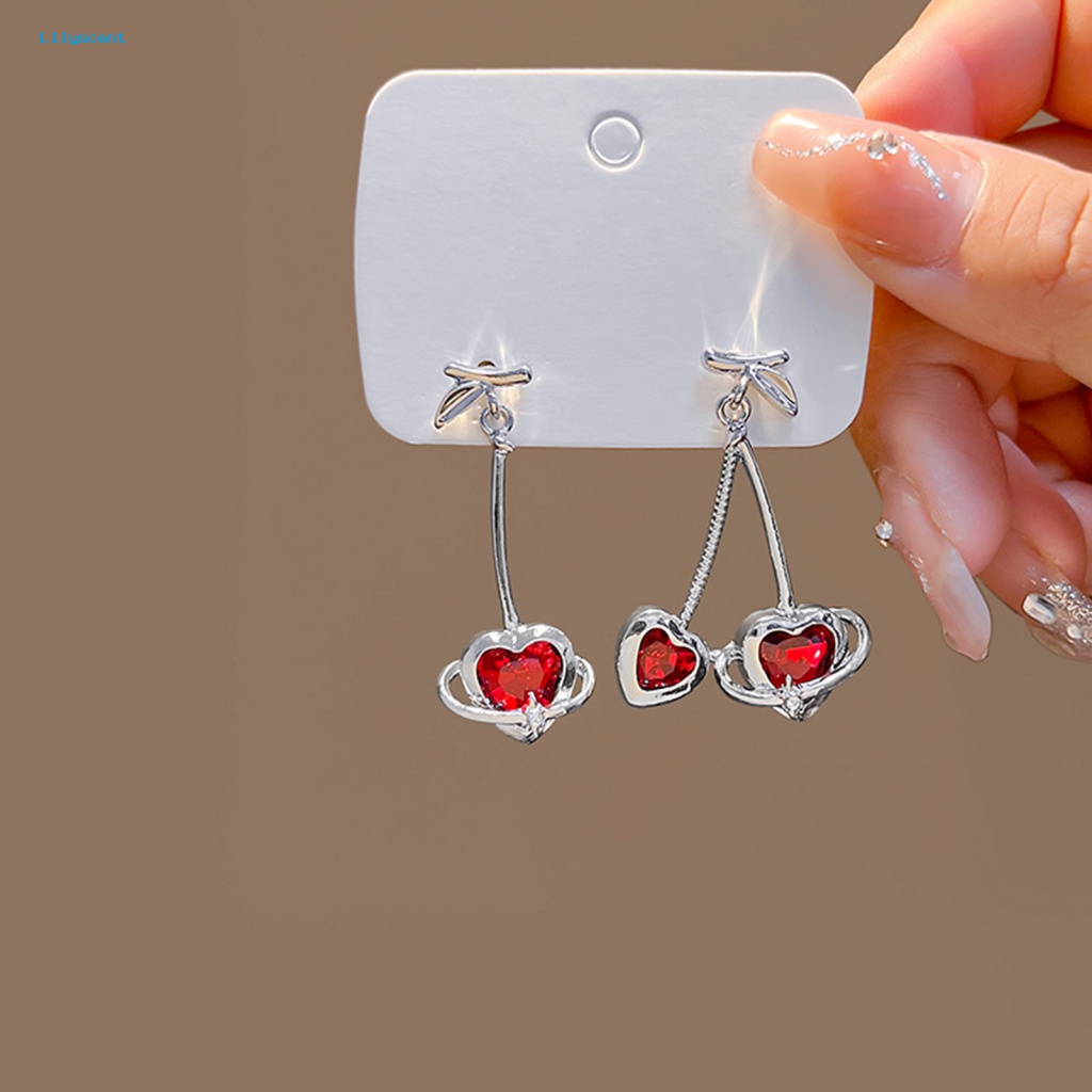 Lilyscent 1pasang Stud Desain Kait Anting Aksesoris Fashion Chic Cinta Hati Merah Berlian Imitasi Kait Anting All-match