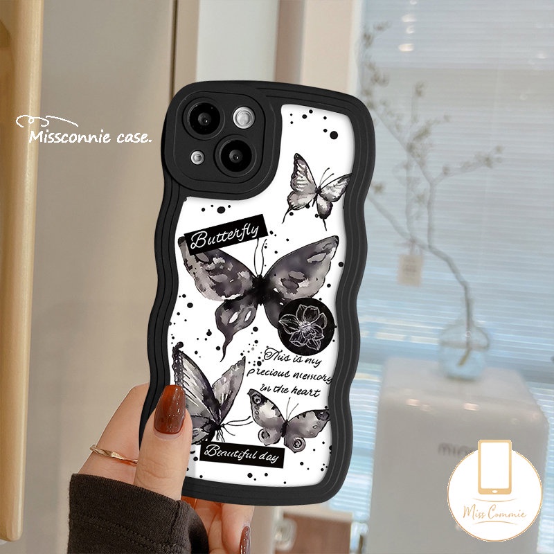 IPHONE Art Fashion Vintage Black Fantasy Flower Butterfly Case Kompatibel Untuk Iphone11 Pro Max 7Plus 13 11 14 12 Pro Max XR 6s 7 8 6 14 Plus X XS Max SE 2020 Wavy Edge Tpu Soft Cover