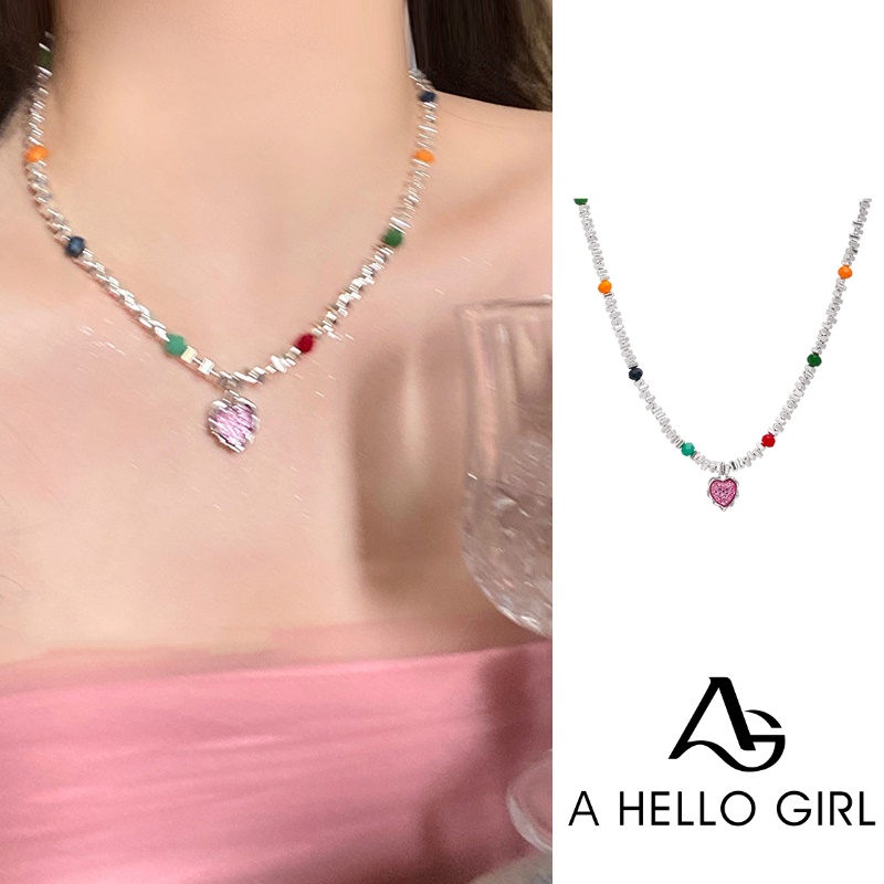 Ahellogirl Warna Cinta Liontin Klavikula Rantai Perempuan Ins Fashion Kalung