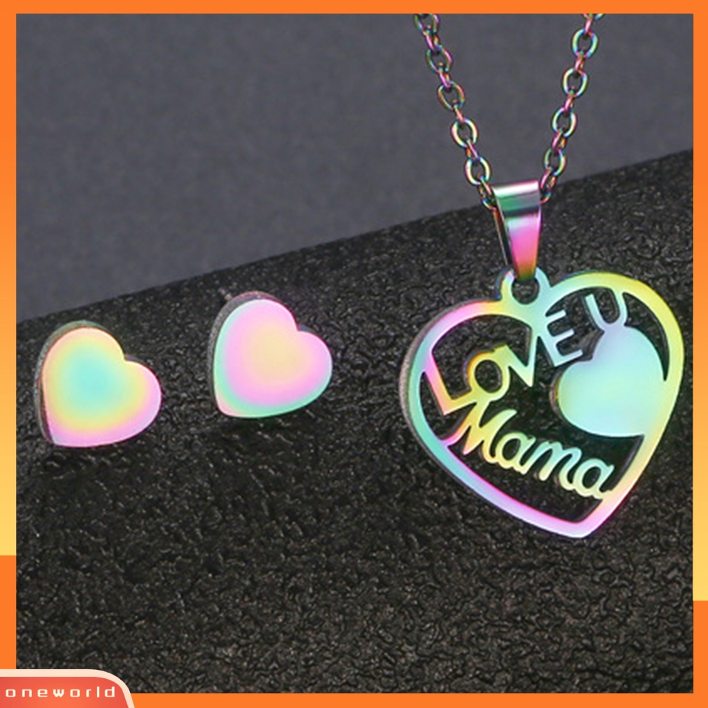 [ONE] 2 Pcs/Set Wanita Kalung Berongga Cinta U Mama Hadiah Hari Ibu Warna Pelangi Cinta Kecil Hati Telinga Studs Earrings Kit Fashion Perhiasan