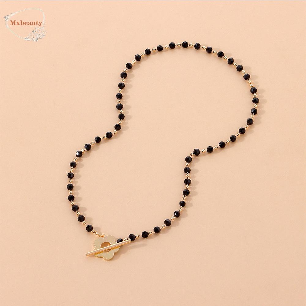 Mxbeauty Kalung Manik Kristal Temperamen Kalung Pendek Wanita Hitam Kristal Bunga Liontin Perempuan Choker