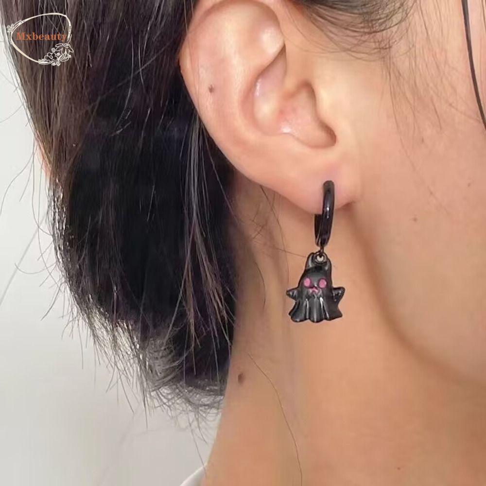 Mxbeauty Anting Hoop Hantu Hitam Manis Retro Pesta Desain Fashion Gesper Telinga Warna Solid Lady Wanita Perhiasan Aksesoris