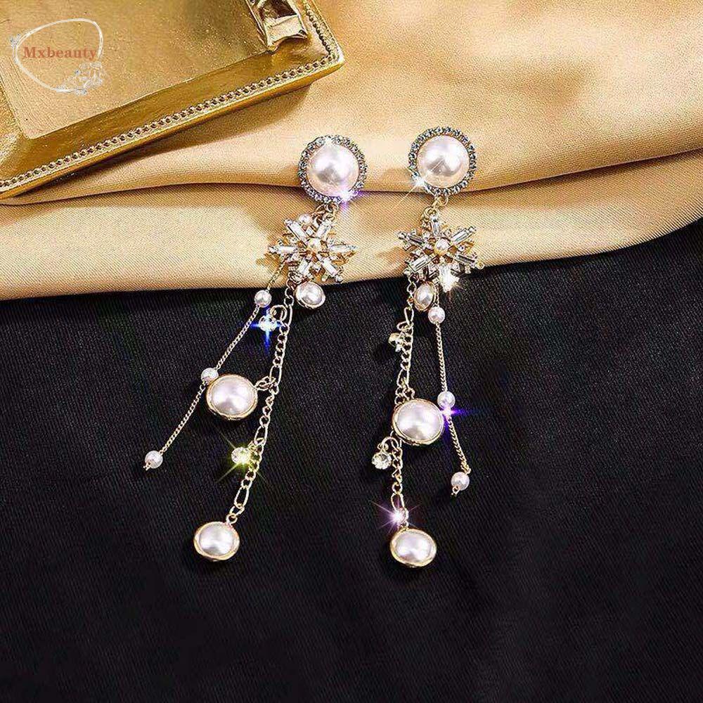 Mxbeauty Anting Mutiara Kepribadian Kreatif Cahaya Mewah Geometri Perancis Pearl Stud Earrings Snowflake Anting Emas Berlian Anting Perempuan