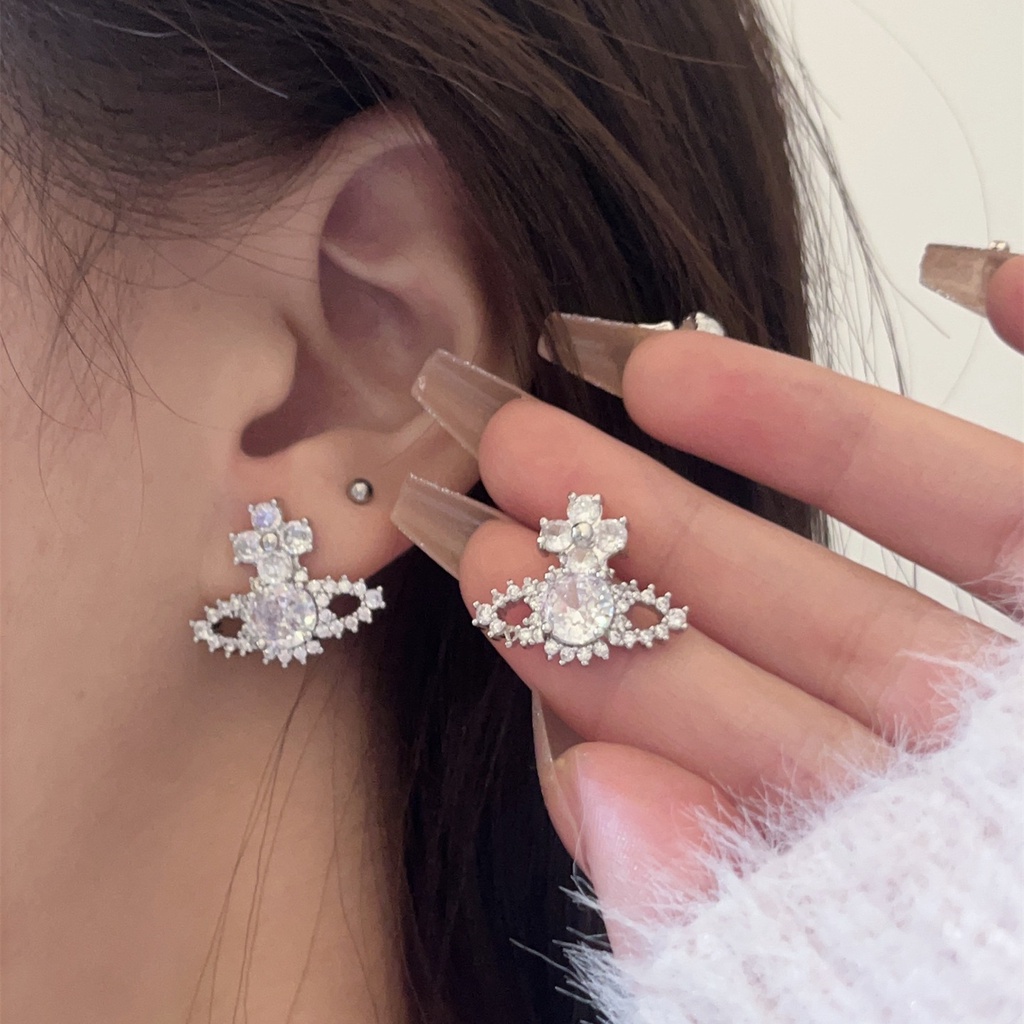 Penuh Zirkonium Berkedip Berlian Saturnus Anting-Anting Temperamen Perempuan Cahaya Mewah High-End Niche Anting-Anting Anting-Anting