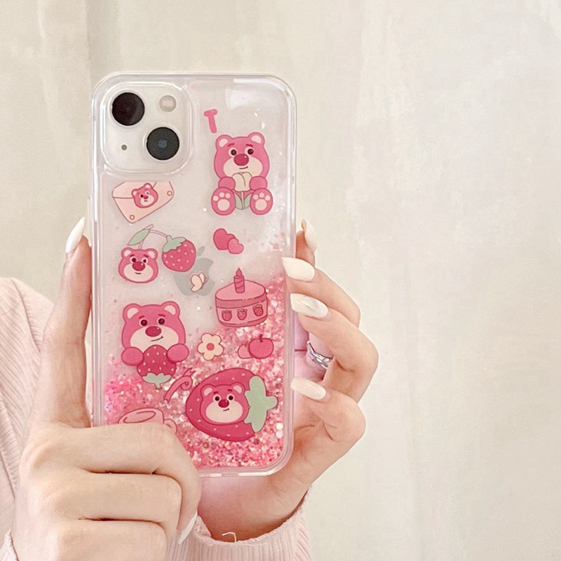 Nice Quicksand Pink Strawberry Bear Girl Woman Soft TPU Case HP iP iPhone 12 13 14 Pro Max 11 FTD Casing Apple